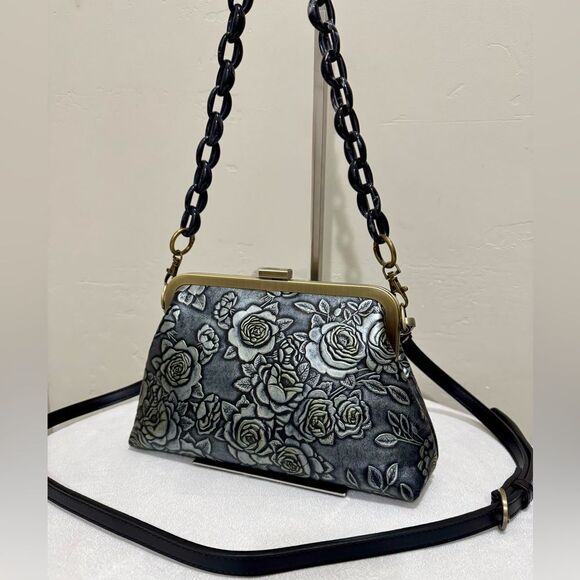 Gray Roses Handmade Embossed Cowhide Push-lock Clutch/Shoulder Bag, Crossbody - Picture 1 of 14